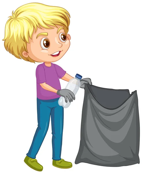 Niño feliz recogiendo basura sobre fondo blanco — Vector de stock