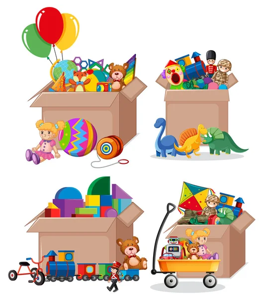 Conjunto de cajas llenas de juguetes sobre fondo blanco — Vector de stock
