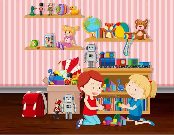 Escena con dos chicas jugando bloques en la habitación — Vector de stock