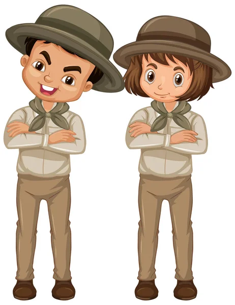 Niño y niña en uniforme de explorador sobre fondo blanco — Archivo Imágenes Vectoriales