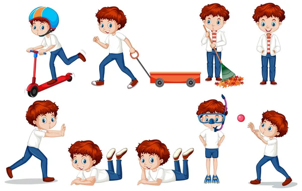 Boy in bluejeans doing different activities — Stock Vector