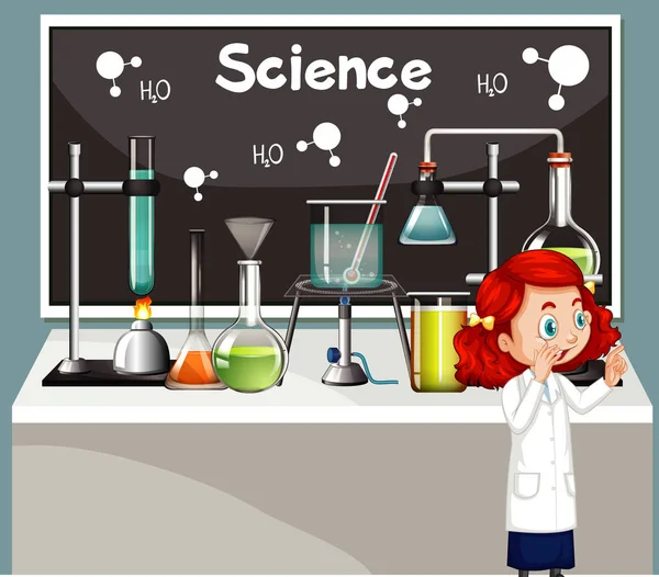 Escena en el aula con estudiantes de ciencias y equipos — Vector de stock