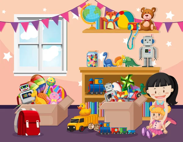 Scene with kid playing with many toys in the room — 스톡 벡터