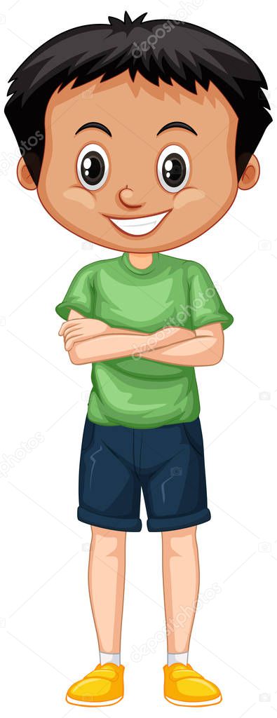 Boy in green shirt standing on white background