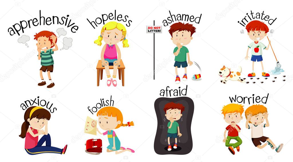 Set of children doing activities with word expressing feelings