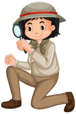 Beyaz arka planda safari kostümlü bir kız.