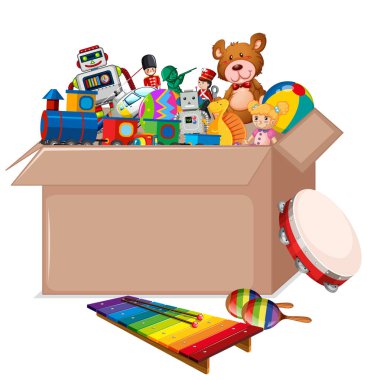 Beyaz arka planda oyuncaklarla dolu karton kutu
