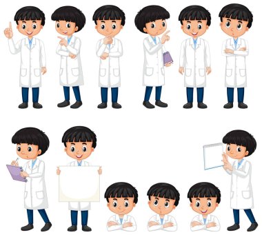 Önlüklü çocuk beyaz arka planda farklı pozlar veriyor.