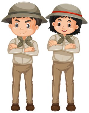 Beyaz arka planda safari kıyafeti giyen kız ve erkek.