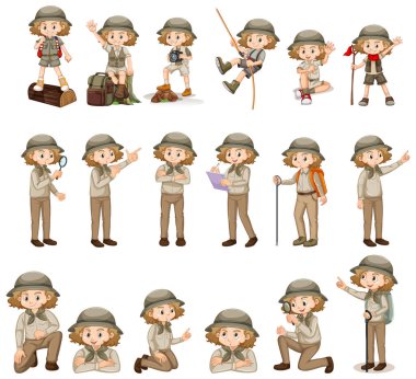 Set of cute girl in safari outfit doing many activities clipart