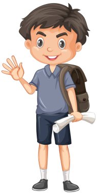 Beyaz arka planda kağıt ve sırt çantası olan sevimli bir çocuk.