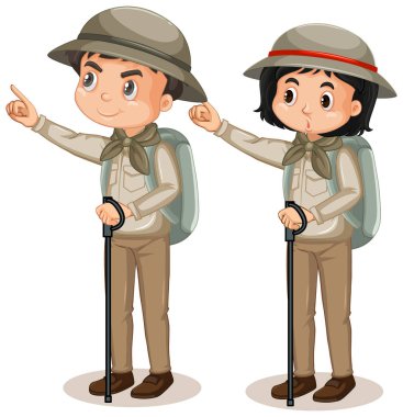 Beyaz arka planda safari kıyafeti giyen kız ve erkek.