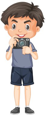 Beyaz arka planda kamerası olan sevimli bir çocuk.