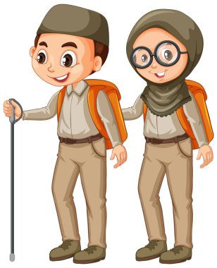 Beyaz arka planda izci üniforması giyen kız ve erkek.