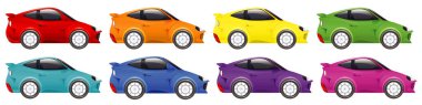 İzole edilmiş arka planda farklı renklerde yarış arabaları