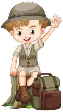 Beyaz arka planda safari kıyafetli yakışıklı çocuk.