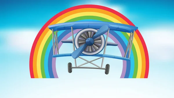 Avión volando en el cielo con fondo de arco iris — Vector de stock