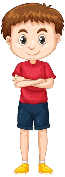 Lindo chico en camisa roja y pantalones cortos sobre fondo blanco — Vector de stock