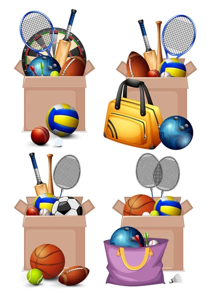Set of boxes full of sport equipments on white background — 스톡 벡터