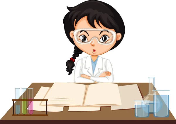 Girl in science gown working at the table — Stock Vector