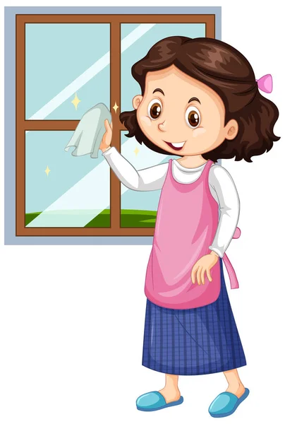 Dziewczyna czyszczenia okna na białym tle — Wektor stockowy