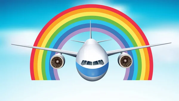 Aereo che vola in cielo blu con sfondo arcobaleno — Vettoriale Stock