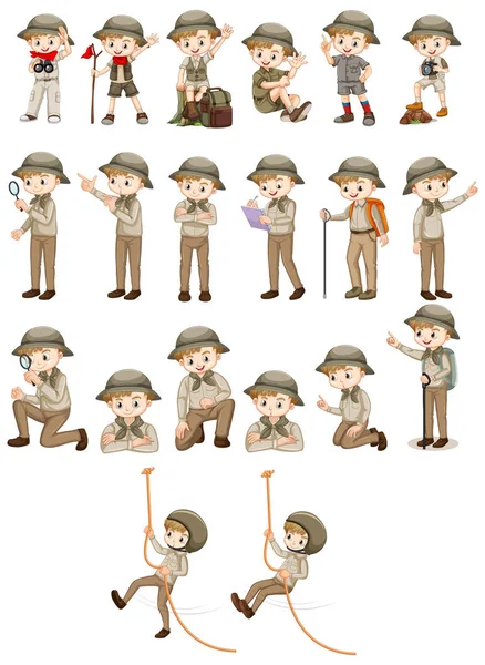 Conjunto de chico en traje de safari haciendo diferentes acciones — Vector de stock