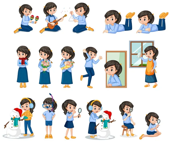 Flicka i blå skjorta gör olika aktiviteter — Stock vektor