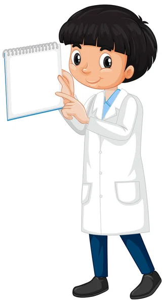 Niño en bata de laboratorio con cuaderno sobre fondo blanco — Vector de stock