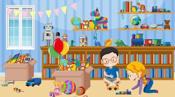 Escena con dos niños jugando juguetes en la habitación — Vector de stock