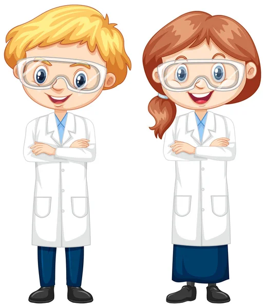科学のガウンを着た男の子と女の子 — ストックベクタ