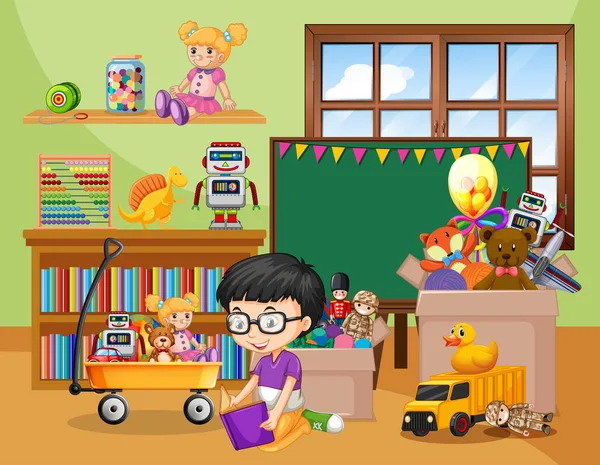 Scène met jongen spelen met veel speelgoed in de kamer — Stockvector