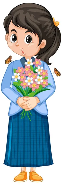 Κορίτσι με μπλε φόρεμα κρατώντας λουλούδια σε λευκό φόντο — Διανυσματικό Αρχείο