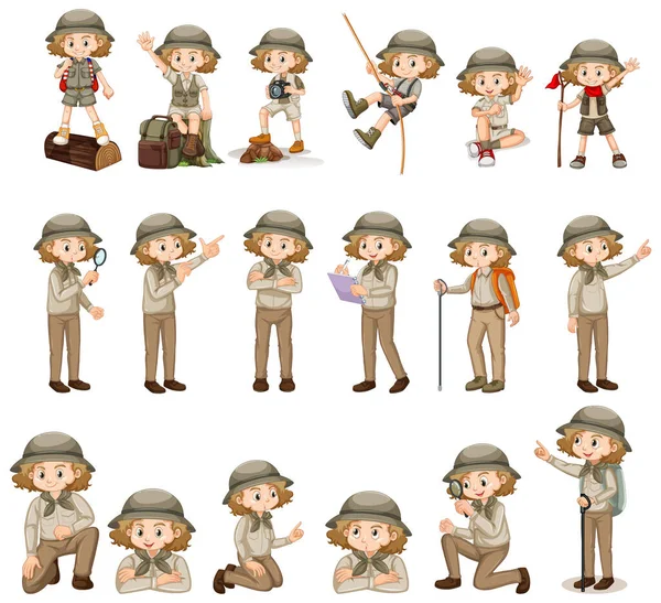 Set of cute girl in safari outfit doing many activities — 스톡 벡터