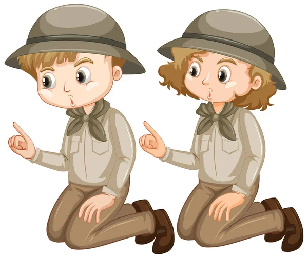 Boy and girl in safari outfit on white background — 스톡 벡터
