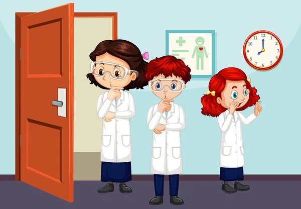 실내에서 과학을 전공하는 세 명 의학생 과 함께 있는 교실 장면 — 스톡 벡터