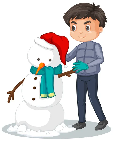 Cute boy making snowman on white background — Stock Vector