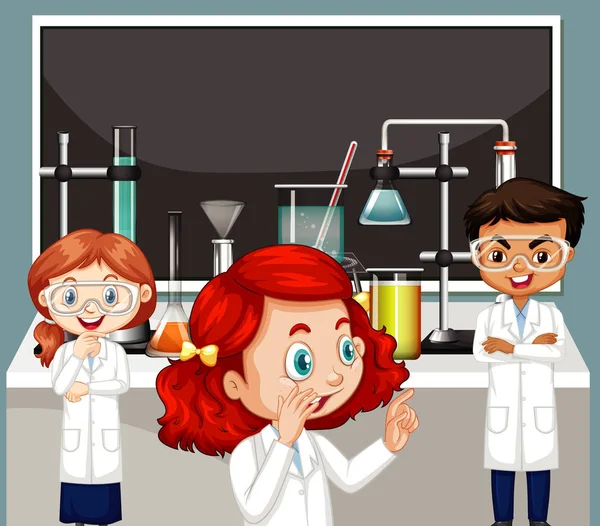 Scena in classe con tre studenti di scienze che fanno laboratorio — Vettoriale Stock