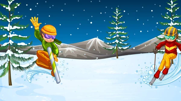 人们在雪地里滑雪板的场景 — 图库矢量图片