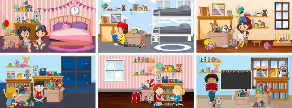 Six scenes with children doing activities in different rooms — Stock Vector