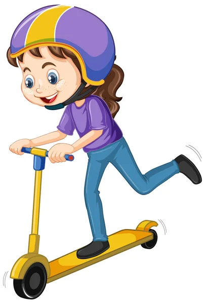 Happy girl playing scooter on white background — Stock Vector