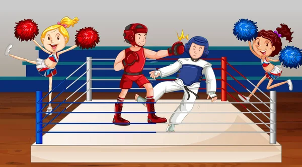 Escena de fondo con atletas peleando en el ring — Vector de stock