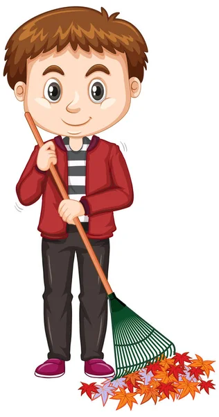 Boy raking leaves with rake on white background — 스톡 벡터