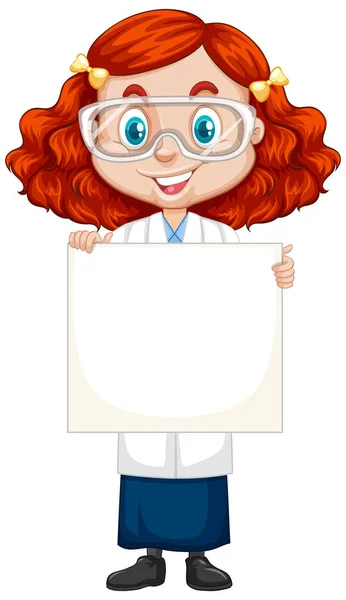 Girl in science gown holding paper on white background — 스톡 벡터