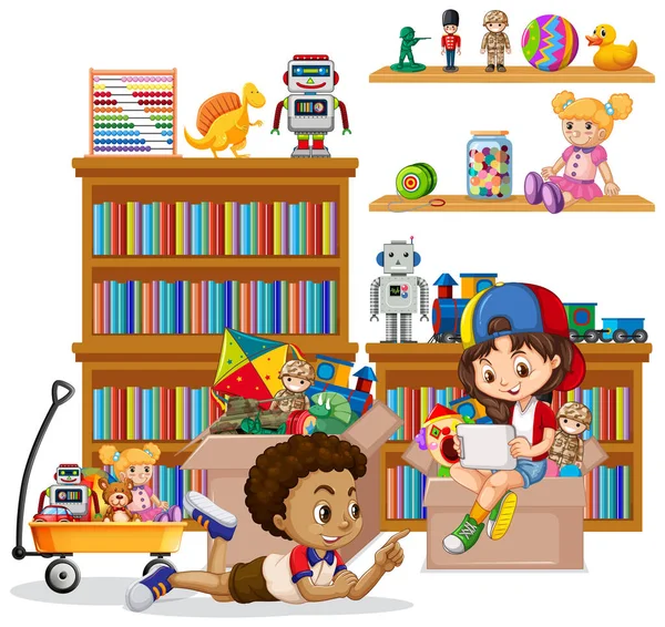 棚の本やおもちゃの完全な白い背景 — ストックベクタ