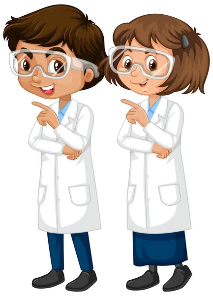 Ragazzo e ragazza in abito scienza in piedi su sfondo bianco — Vettoriale Stock