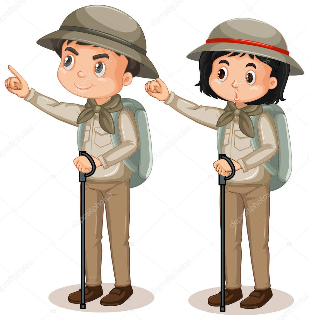 Boy and girl in safari outfit on white background