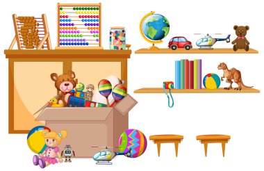 Beyaz arka planda oyuncaklarla dolu raflar ve kutular