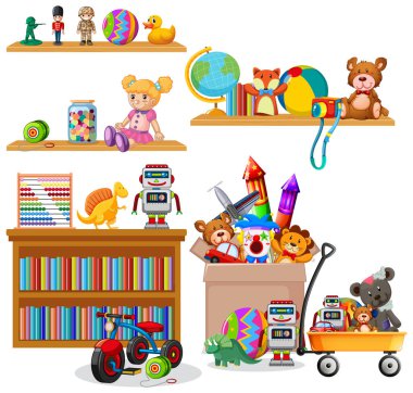 Beyaz arka planda kitap ve oyuncaklarla dolu raflar.