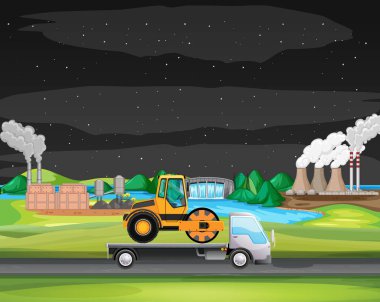 Endüstriyel bölge boyunca giden kamyonetli sahne